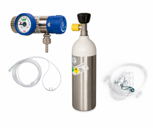 Set 1 l Sauerstoffflasche mit Druckminderer GCE Mediselect II 25 D und Maske - Medizinischer - Sauerstoff.de - bluAqua©