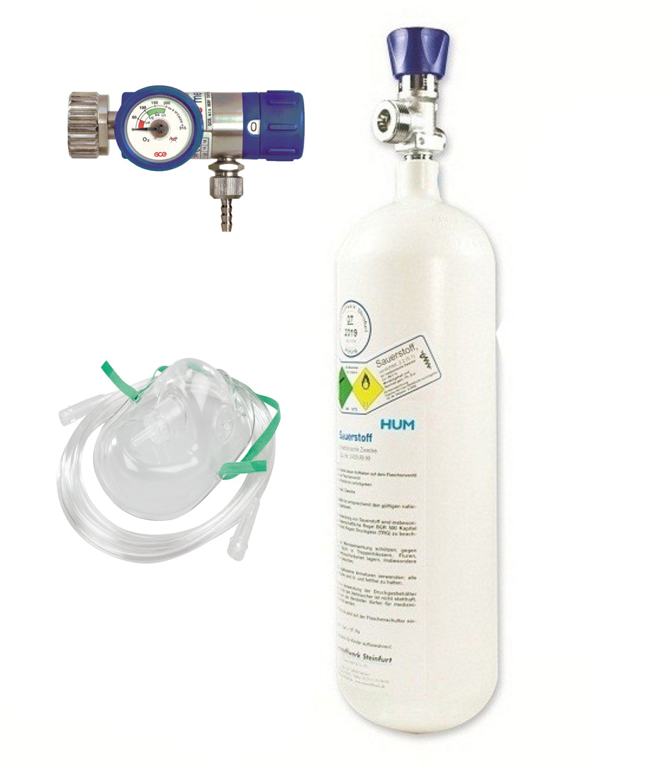 Replacement of a 2 l oxygen cylinder with pressure reducer and mask