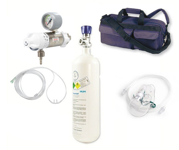 Notfall-Tasche mit 2 l Sauerstoffflasche, Druckminderer AEROway Fast 15